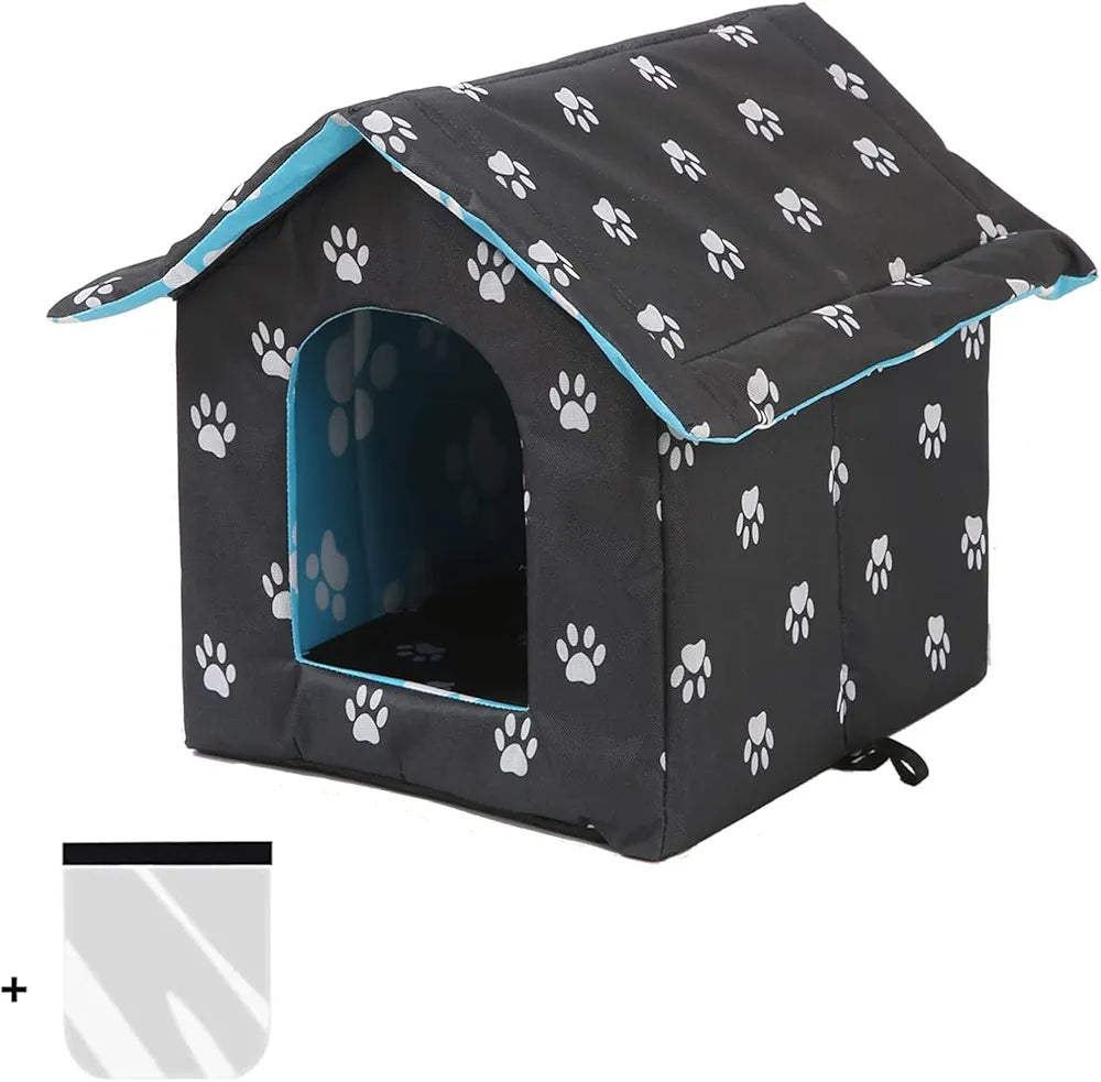 Outdoor Cat House, Cat Houses for Outdoor Cats, Weatherproof Warm and Insulated Cat House with Transparent Curtain Pet House, Stray Cats Shelter (Black,Small-Houses)