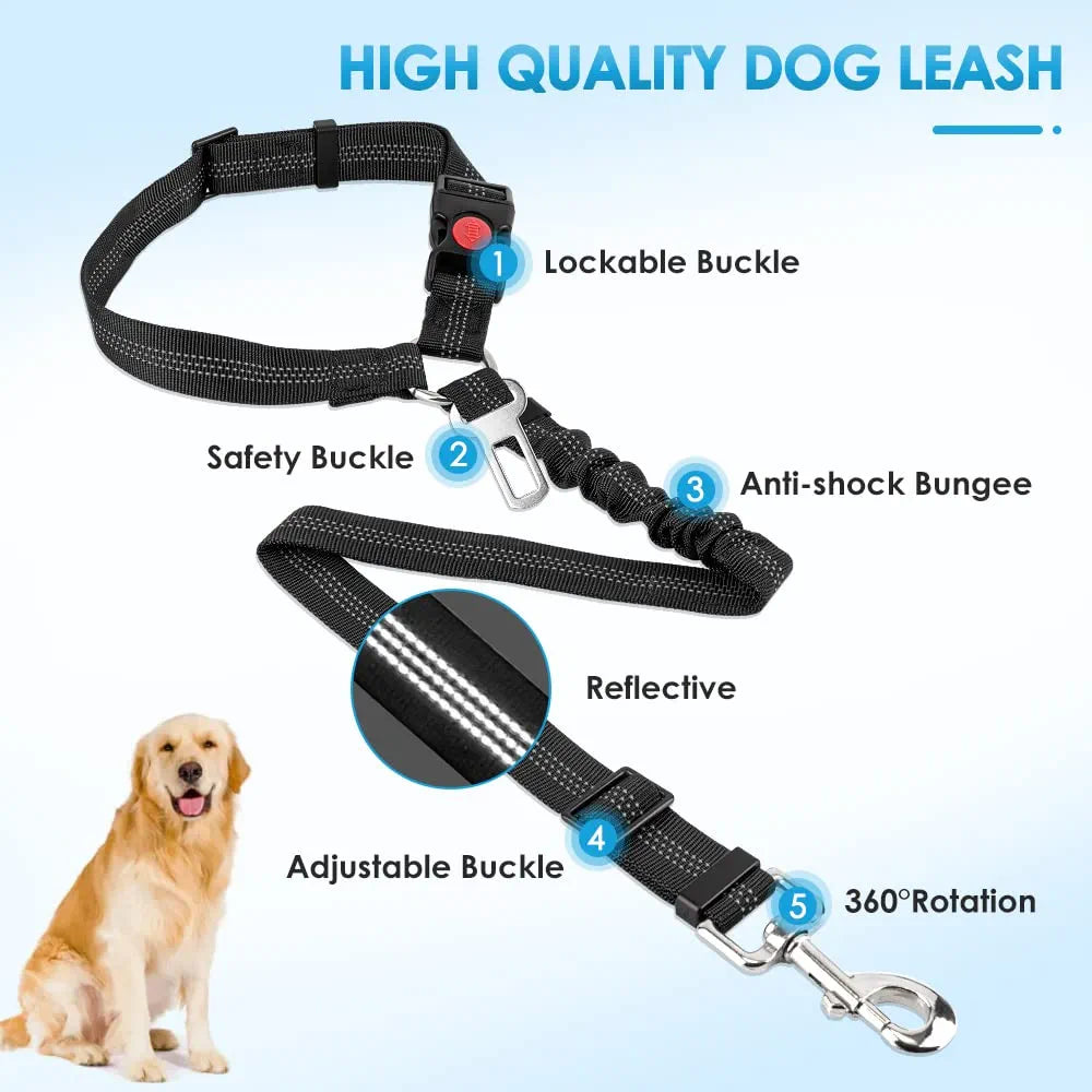 Dog Seat Belt for Car, 2 Pack Dog Car Harness Seatbelt Adjustable with Elastic Bungee Buffer, 2 in 1 Pet Car Leash Headrest Restraint Dog Reflective Safety Tether (Black, Headrest+Clip)