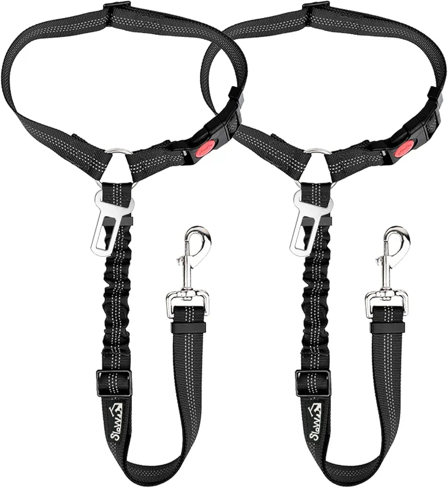 Dog Seat Belt for Car, 2 Pack Dog Car Harness Seatbelt Adjustable with Elastic Bungee Buffer, 2 in 1 Pet Car Leash Headrest Restraint Dog Reflective Safety Tether (Black, Headrest+Clip)