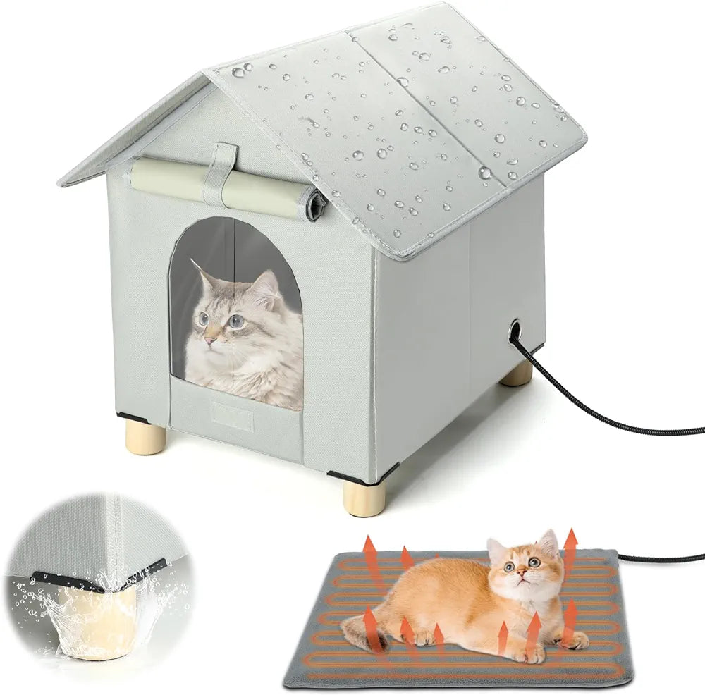 Heated Cat Houses for Outdoor Cats in Winter Waterproof, Elevated Heated Outdoor Cat House Insulated Outside Feral Cat House Shelter with Escape Door for Cats or Feral Cat Small