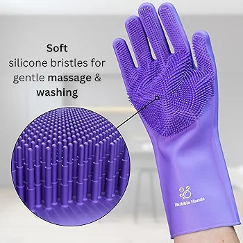 Dog Washing Gloves with Bristle Scrubbers, Reusable Silicone Gloves Ideal for Pet Bathing, Massaging & Grooming (Purple)