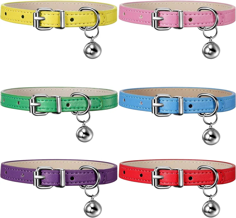 6 Pieces Leather Cat Collar with Bell Leather Kitten Collar Cat Collar for Boy Cats, Girl Cats with Safety Elastic Strap Cute Pet Collars for Small Cat Kitten