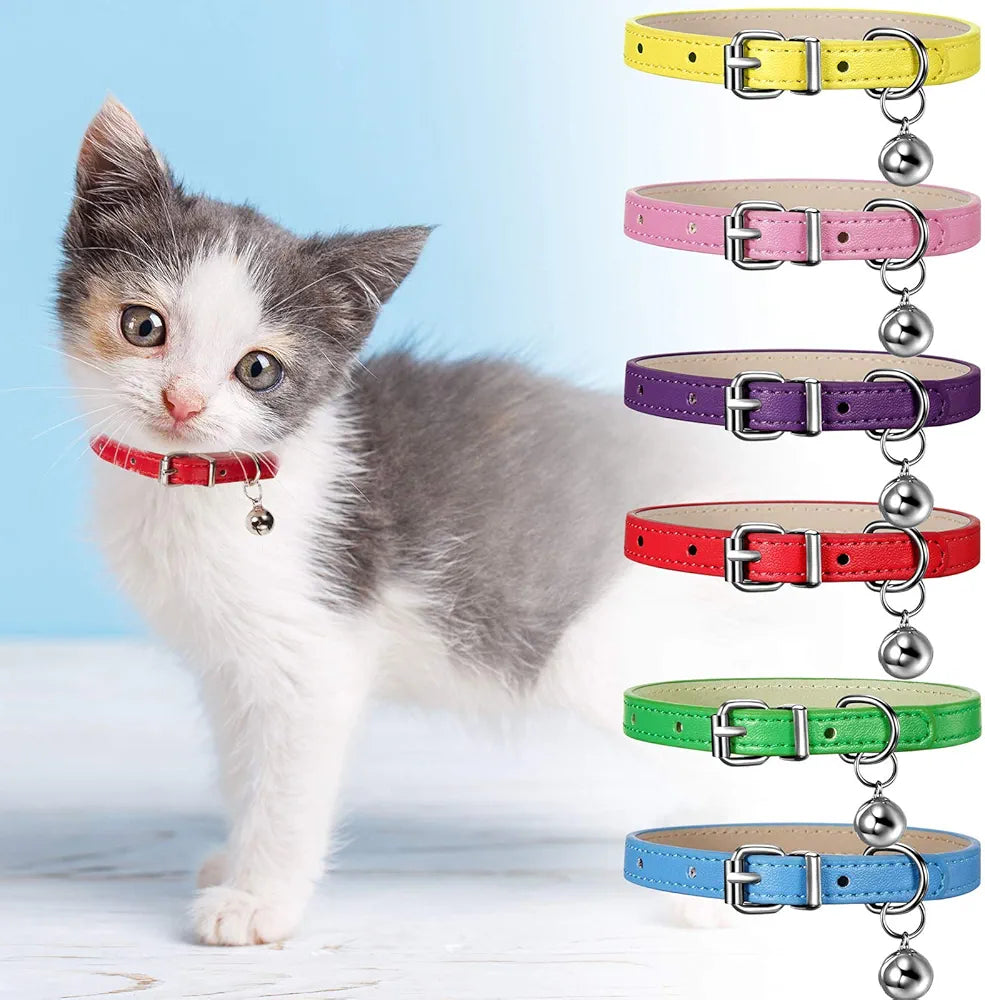 6 Pieces Leather Cat Collar with Bell Leather Kitten Collar Cat Collar for Boy Cats, Girl Cats with Safety Elastic Strap Cute Pet Collars for Small Cat Kitten