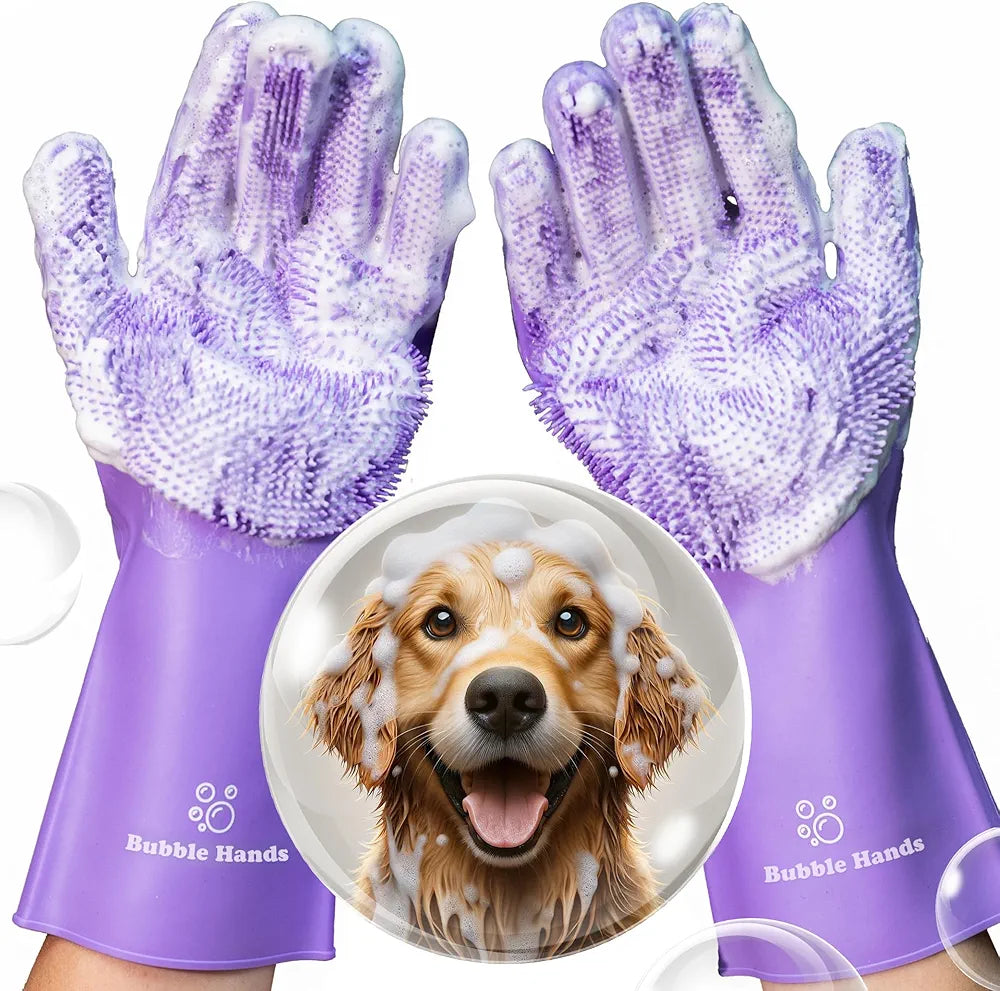 Dog Washing Gloves with Bristle Scrubbers, Reusable Silicone Gloves Ideal for Pet Bathing, Massaging & Grooming (Purple)