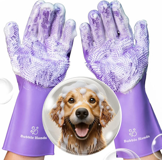 Dog Washing Gloves with Bristle Scrubbers, Reusable Silicone Gloves Ideal for Pet Bathing, Massaging & Grooming (Purple)