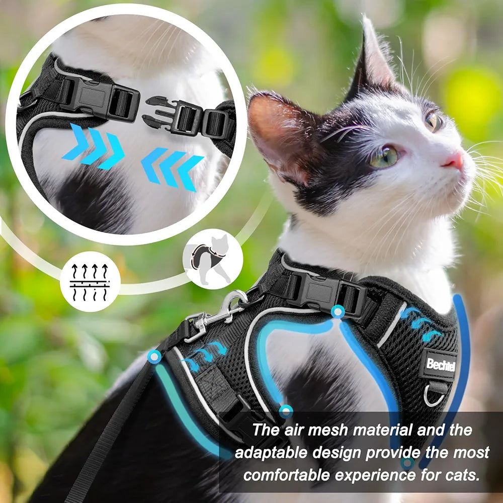 Cat Harness and Leash for Walking, Adjusted in Four Directions and Breathable Cat Harness for Anti Escape That can be Fitted and Positioned, Reflective Strips Harness, Black