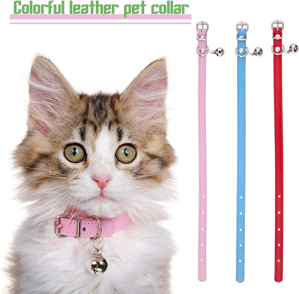 6 Pieces Leather Cat Collar with Bell Leather Kitten Collar Cat Collar for Boy Cats, Girl Cats with Safety Elastic Strap Cute Pet Collars for Small Cat Kitten