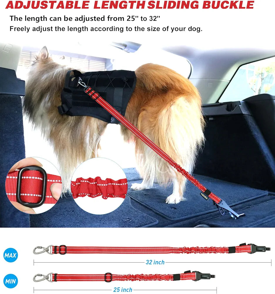 Dog Seat Belt, Updated 3-in-1 Pet Car Seat Belt for Dogs, Bungee Dog Car Tether with Clip Hook Latch & Buckle, Heavy Duty Dog Car Harness with Swivel Aluminum Carabiner,Red